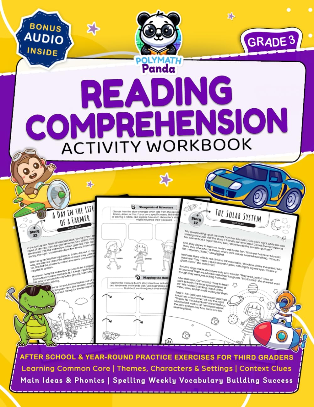 3rd Grade Reading Comprehension Activity Workbook: Learning Common Core Themes, Characters & Settings Context Clues, Main Ideas & Phonics Spelling Wee