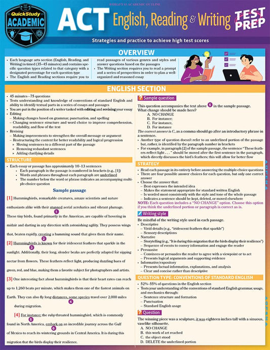 ACT English, Reading & Writing Test Prep: a QuickStudy Laminated Reference Guide
